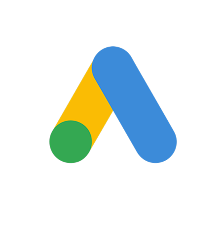 Google Ads-logotypen med en gul, grön och blå design på vit bakgrund.