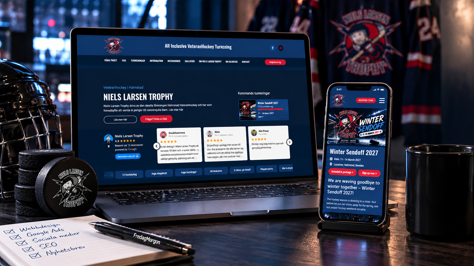 Niels Larsen Trophy hemsida på laptop och mobil utvecklad av Fredag Morgo